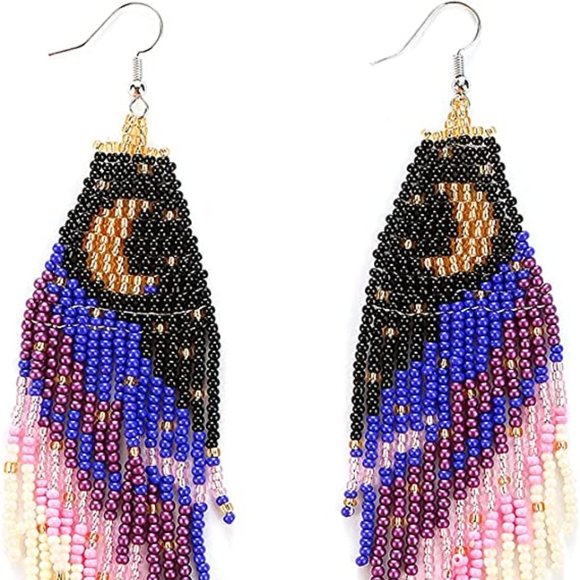 Crescent Moon Black Blue Purple Pink Long 5" Earrings Handmade Beaded Oversized - Picture 5 of 7